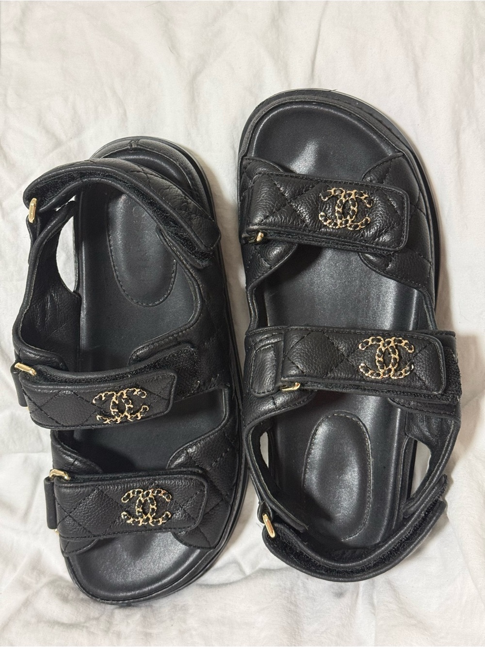 CHANEL Black Quilted Leather Double-Strap Sandals with Gold CC Hardware